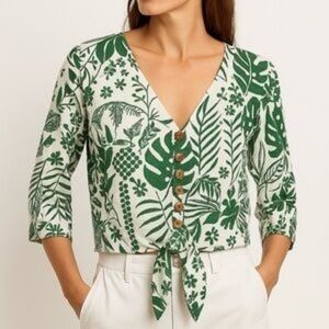 Maison D Amelie Green And White Tropical Linen Blend Crop Top Resortwear